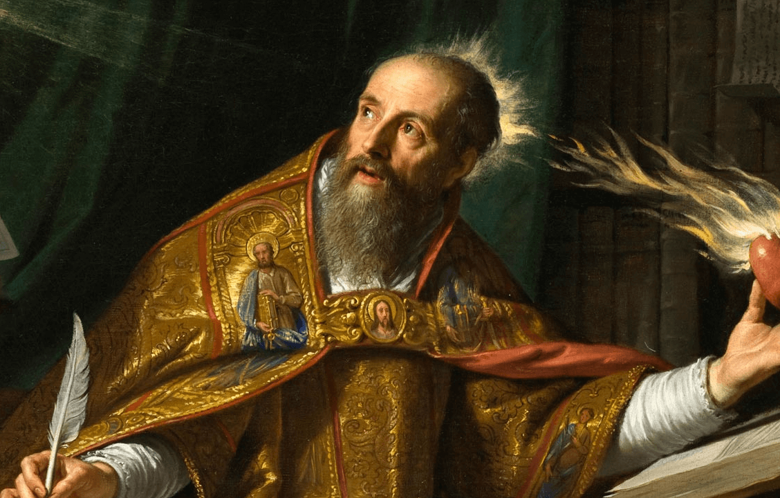 Retrato em pintura clássica de Santo Agostinho, Doutor da Igreja.
É um homem mais velho, com barba e auréola, vestindo uma suntuosa capa dourada.
Em sua mão direita, segura uma pena de escrever, e na esquerda, um coração vermelho em chamas.
Seu olhar se dirige para o alto, com livros e uma estante ao fundo.